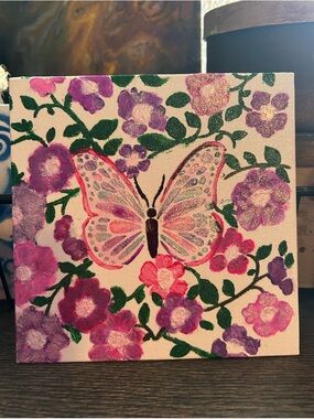 Handpainted Butterfly Floral Canvas Art - Pink & Purple